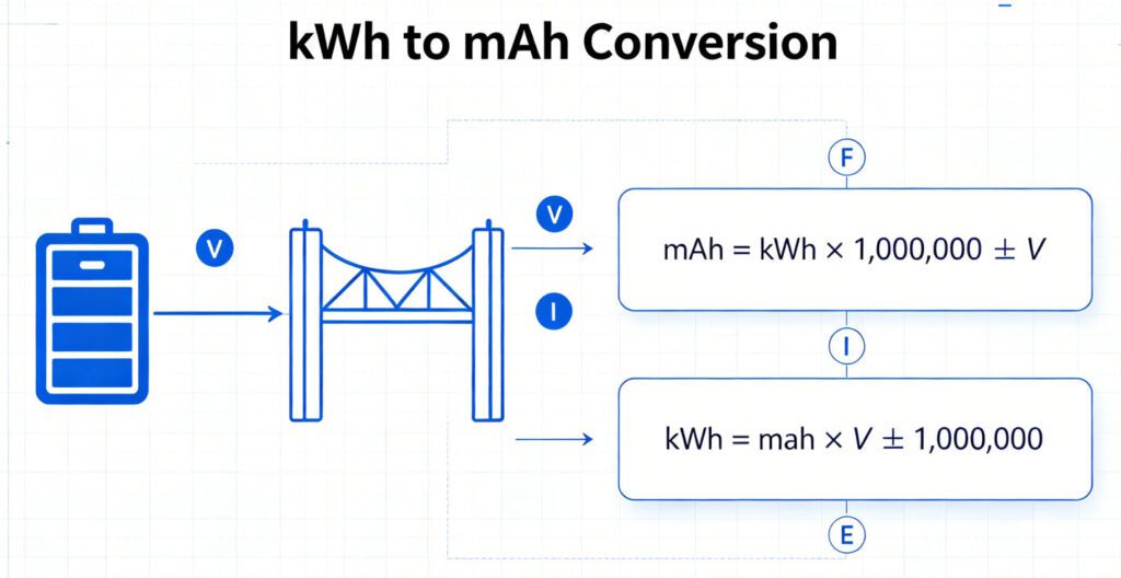kWh to mAh conversion formula diagram for battery backup system energy calculation