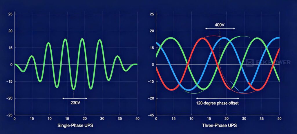 Single-phase vs three-phase UPS sine wave comparison diagram showing one waveform vs three 120-degree offset waveforms