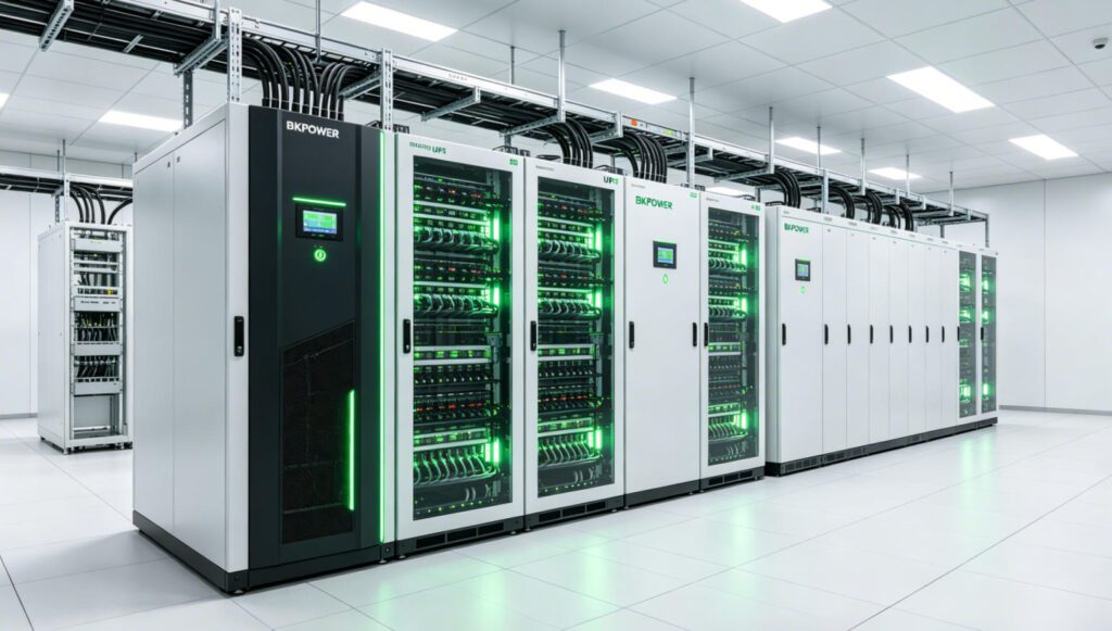 Three-phase UPS system installed in modern data center with BKPOWER power protection equipment and battery cabinets
