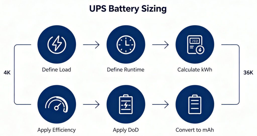 Industrial UPS battery sizing workflow flowchart from kWh energy demand to mAh capacity
