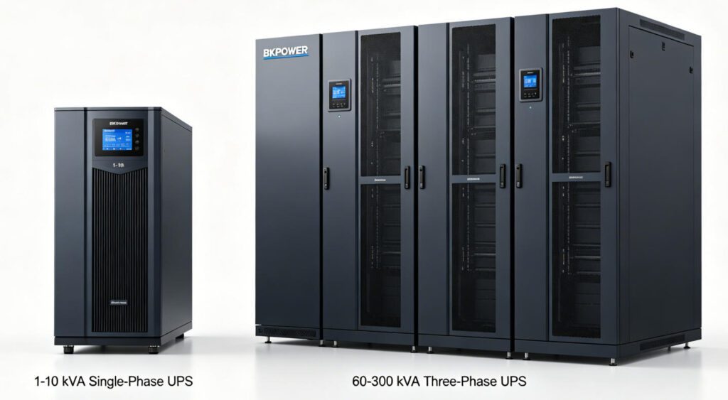 	BKPOWER UPS product lineup showing single-phase and three-phase uninterruptible power supply systems for different applications