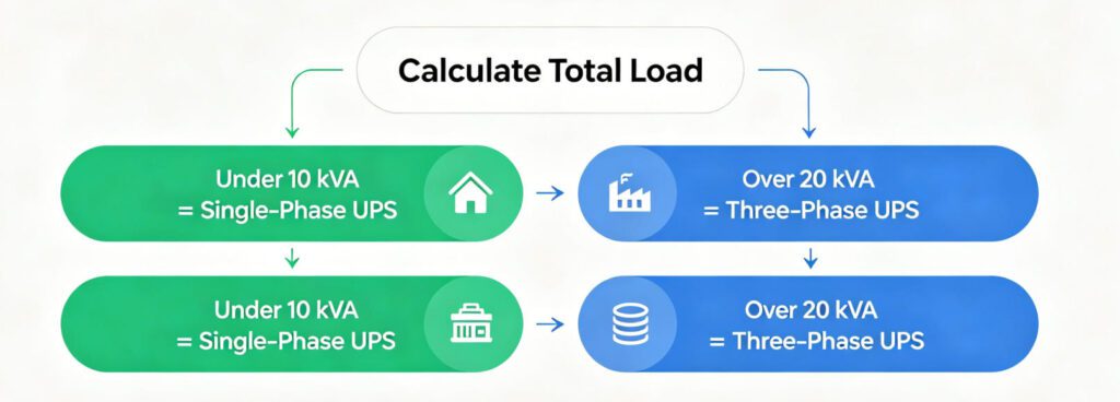 UPS selection decision flowchart showing how to choose between single-phase and three-phase UPS based on load requirements