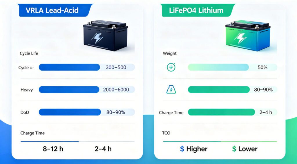 VRLA lead-acid vs LiFePO4 lithium battery comparison for industrial backup power systems