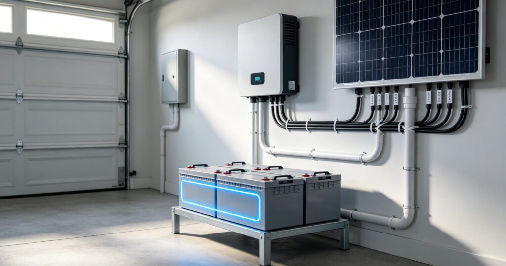 Battery backup system installation showing lithium-ion battery stack, inverter, and solar panel connection in garage setting