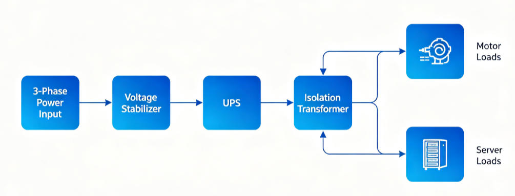 BKPOWER three-phase power protection system architecture: stabilizer + UPS + isolation transformer coordination