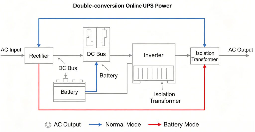Double-conversion online UPS power flow diagram: rectifier-DC bus-inverter-isolation transformer-output
