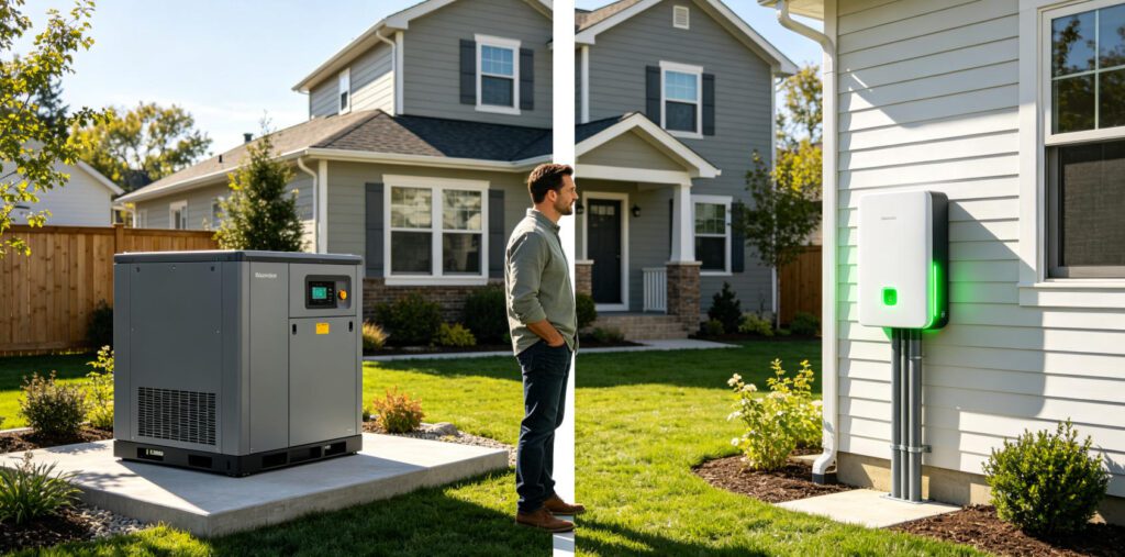 Homeowner comparing standby generator and battery backup system installations in residential backyard setting
