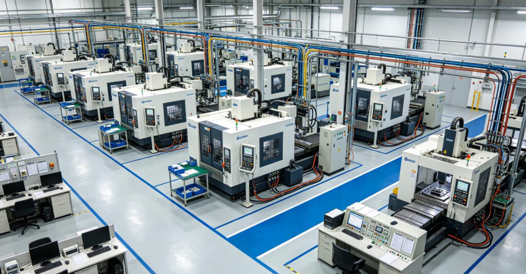 Industrial factory floor: The coexistence of three-phase CNC machine tools and single-phase office equipment illustrates the complexity of power distribution.
