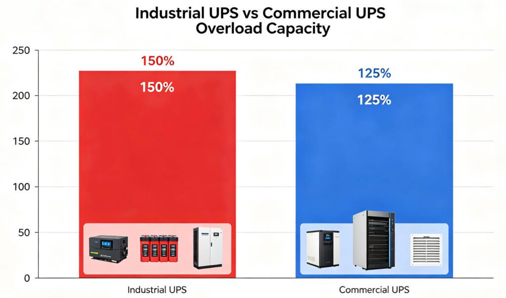 Industrial UPS vs commercial UPS overload capacity comparison: 150% vs 125%