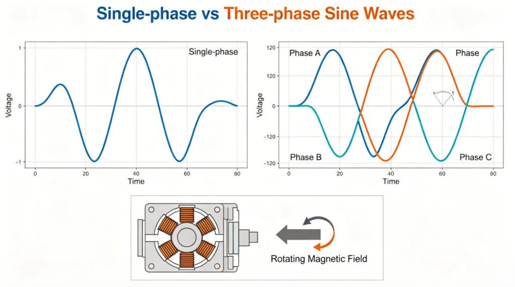 Comparison of Single-Phase and Three-Phase Sine Waves: Differences Between the Three-Phase Rotating Magnetic Field and the Single-Phase Waveform