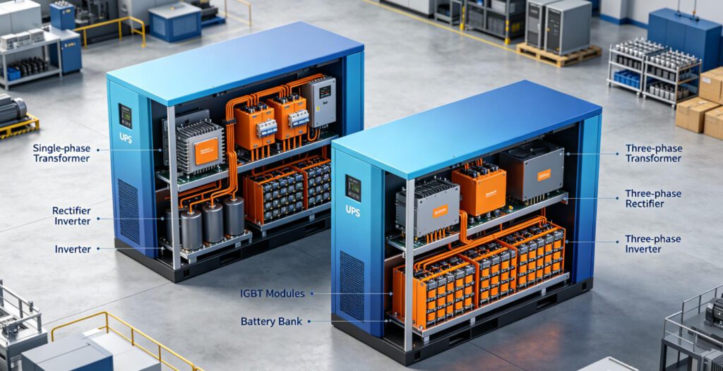 Comparison of Internal Architectures: Single-Phase vs. Three-Phase Line-Frequency UPS (Differences in Transformers, Rectifiers, and Inverters)
