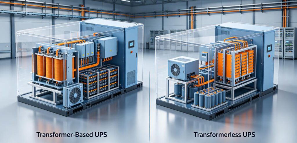 	Line-frequency vs high-frequency UPS internal architecture comparison: transformer isolation vs transformerless design