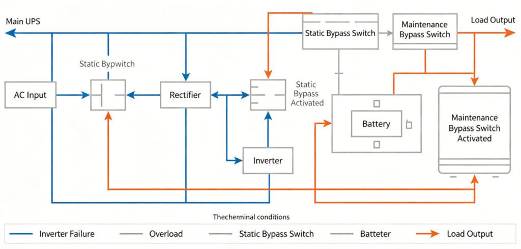 UPS bypass mode schematic: static bypass and maintenance bypass switch logic