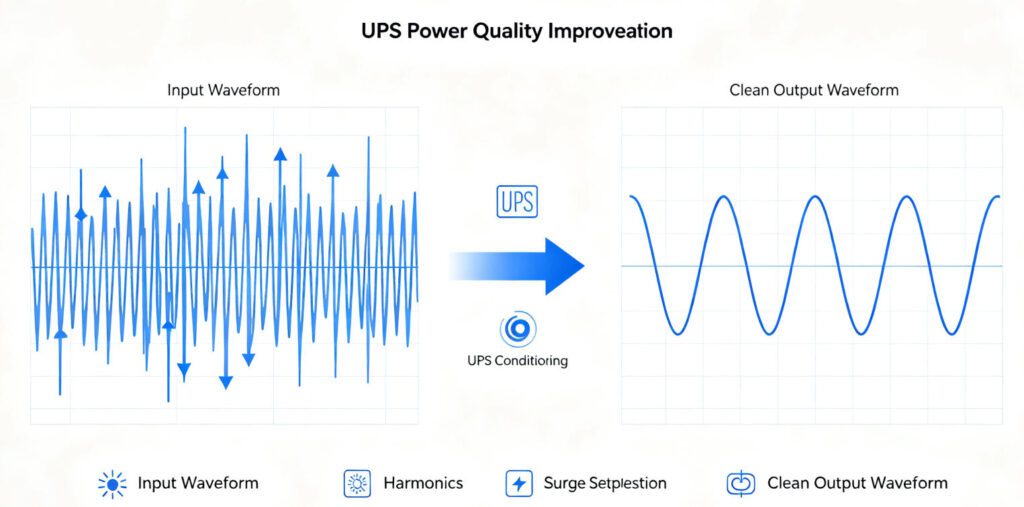 UPS power quality improvement comparison: input harmonics/surges vs clean sinusoidal output