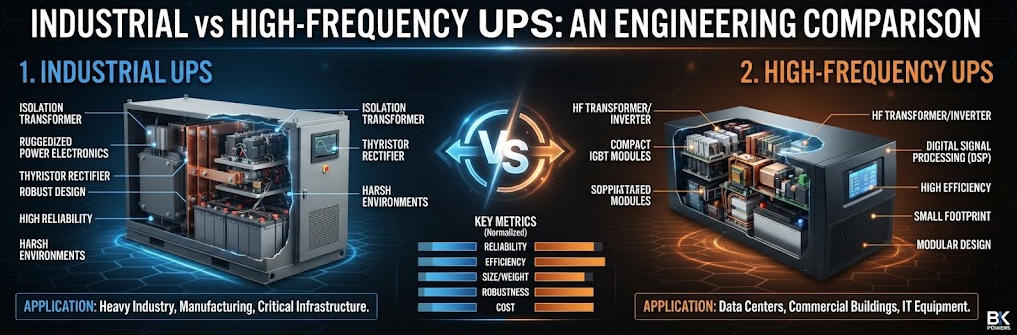 3D engineering comparison banner illustrating industrial transformer-based UPS vs. high-frequency transformerless UPS system architecture and key performance metrics.