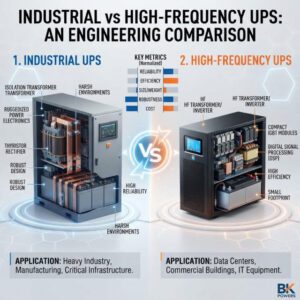 Wide 3D technical infographic comparing industrial UPS and high-frequency UPS internal components, ruggedness, efficiency, and target facility applications.