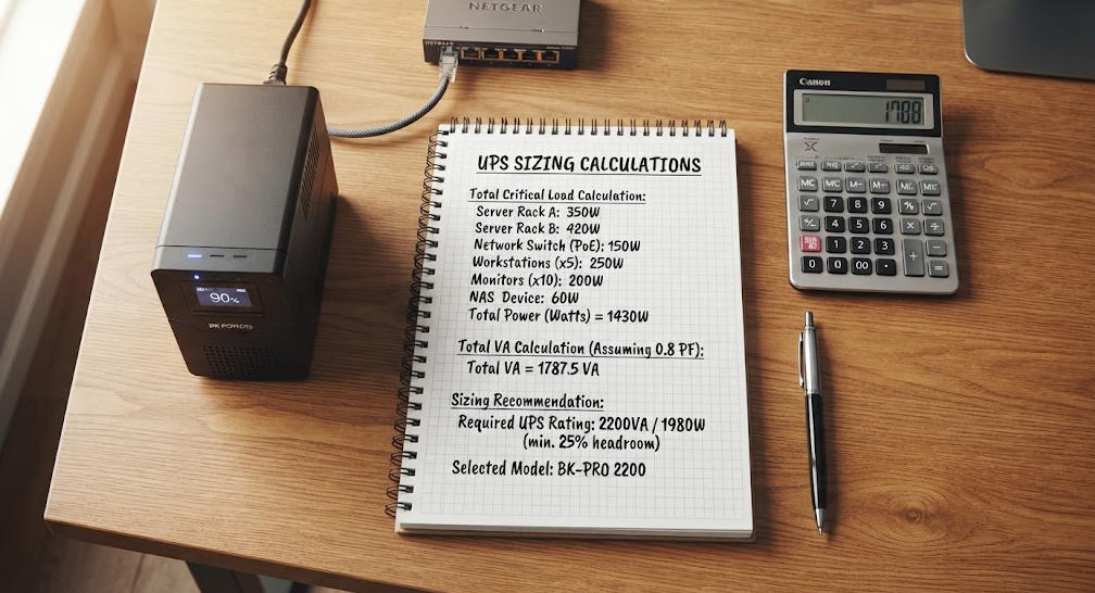 UPS sizing worksheet showing computer load calculation with monitor and peripherals