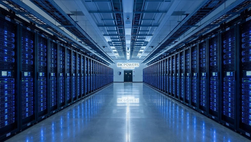 A photo of a modern, high-tech data center server room, representing the critical infrastructure protected by a UPS.