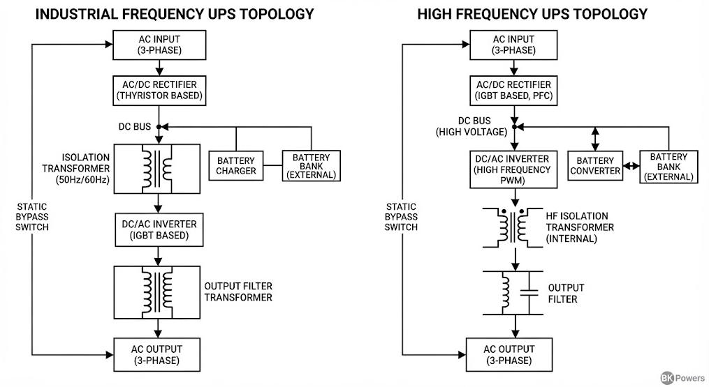 Block diagram comparing industrial frequency UPS and high frequency UPS power flow