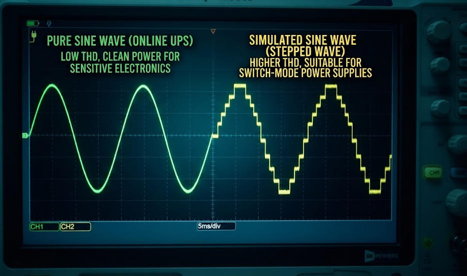 Oscilloscope display comparing pure sine wave and simulated sine wave UPS output for computers