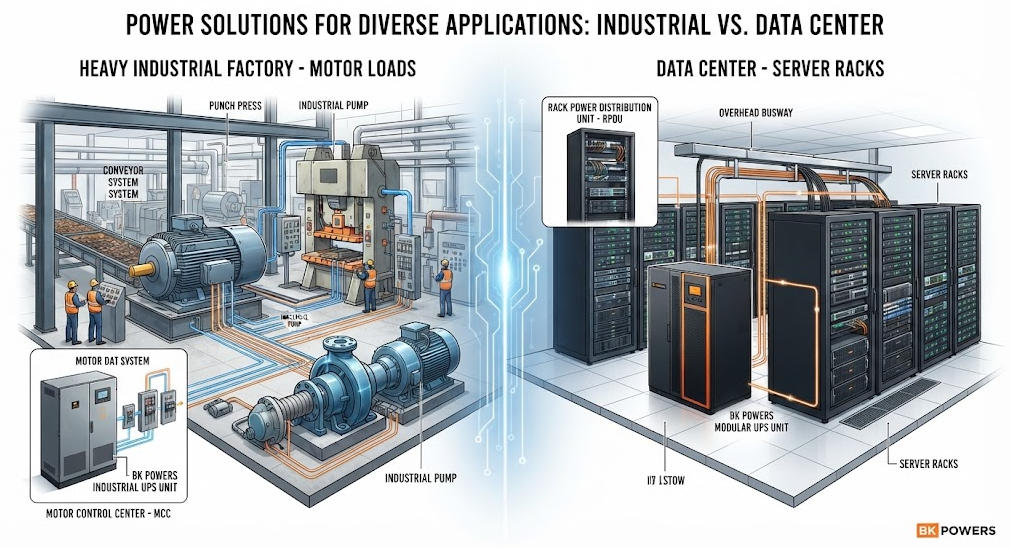 Industrial factory and data center scenes showing UPS deployment environments