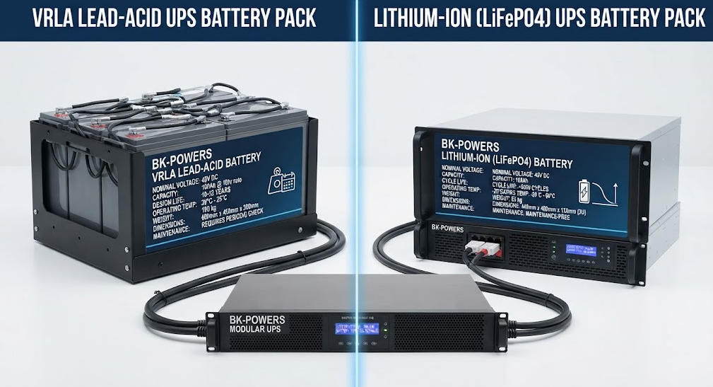 Visual comparison of VRLA lead-acid and lithium-ion UPS batteries for computer backup