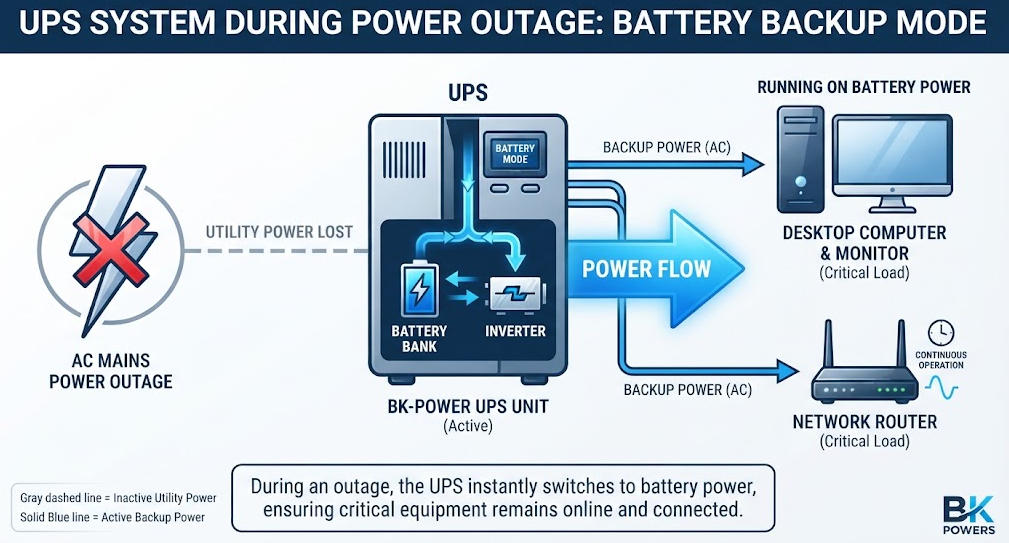 Diagram showing UPS backup power protection for computers during outage