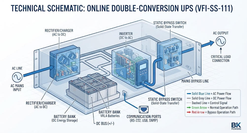 A technical diagram showing the internal components of an online double-conversion UPS, including the rectifier, battery, and inverter.