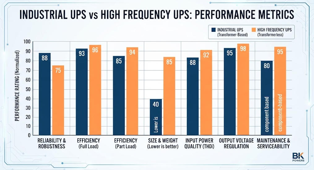 Bar chart showing overload, efficiency and weight for industrial and high frequency UPS