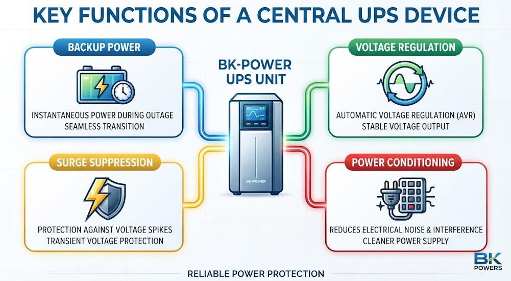 An infographic illustrating the four core functions of a UPS: backup power, voltage regulation, surge suppression, and power conditioning.