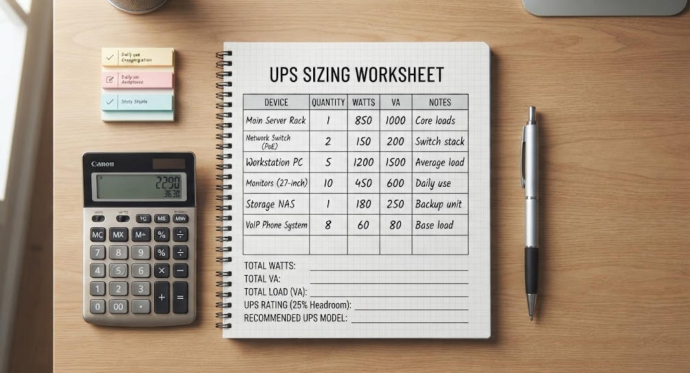 A conceptual image of a worksheet for calculating UPS size, showing a list of equipment with their VA and Watt ratings.