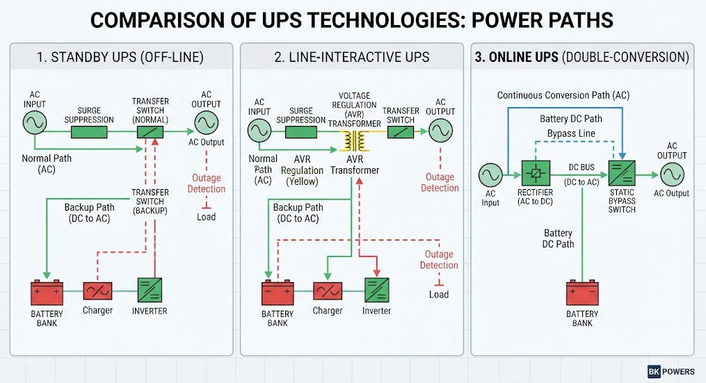 A comparison chart visualizing the power flow in Standby, Line-Interactive, and Online UPS topologies.