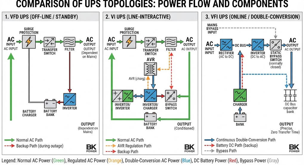 Comparison of standby, line-interactive, and online UPS topologies for computer systems