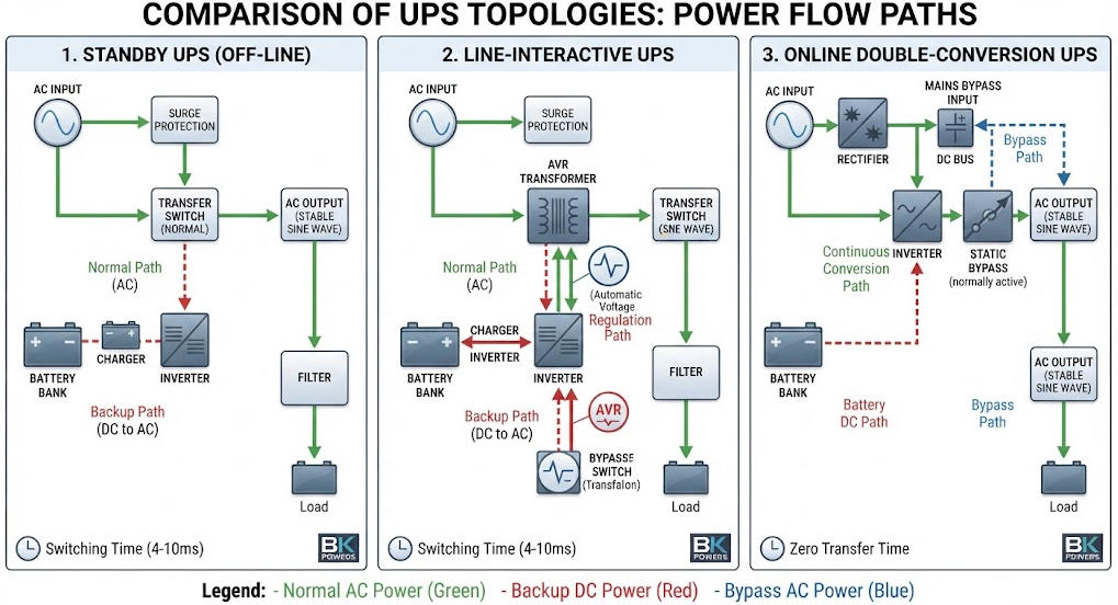 Comparison of standby, line-interactive, and online UPS topologies for computers