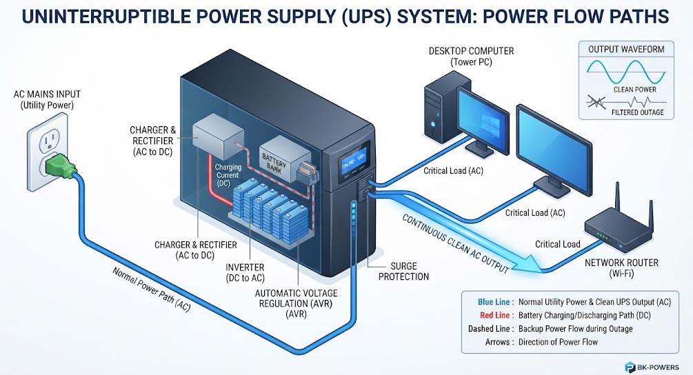 Diagram showing what a UPS is in a computer system with power flow paths