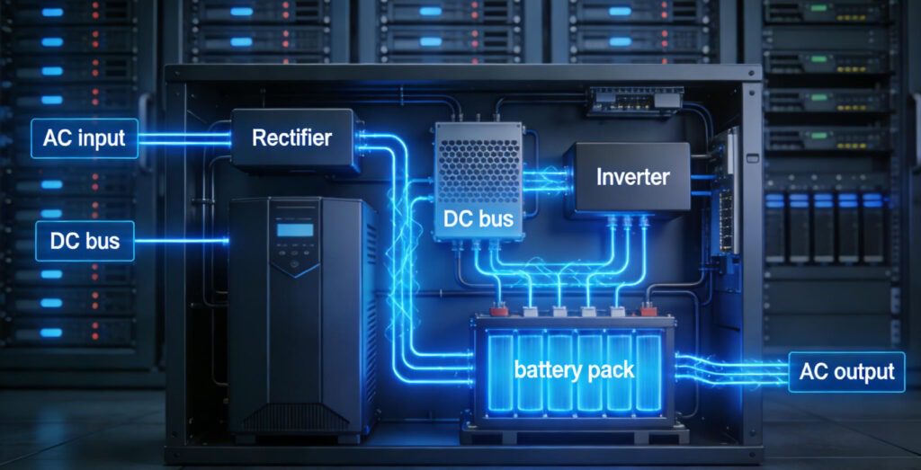 بنية نظام يو بي إس مزدوج التحويل UPS