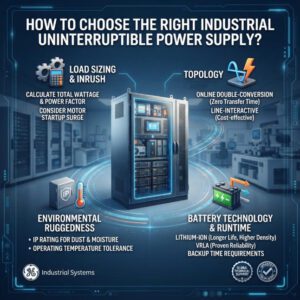 Technical infographic banner for industrial power protection systems, highlighting modular UPS configurations, N+1 redundancy, and zero-downtime solutions for harsh operating environments.