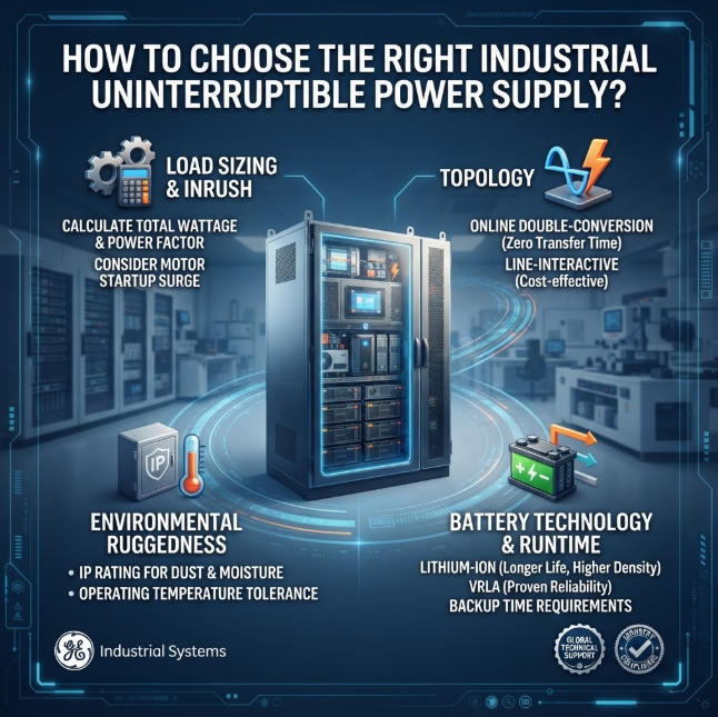 Technical infographic banner for industrial power protection systems, highlighting modular UPS configurations, N+1 redundancy, and zero-downtime solutions for harsh operating environments.