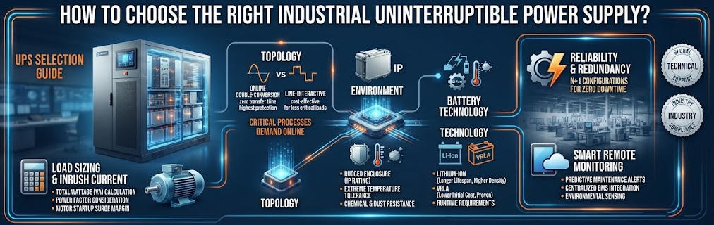 Industrial UPS selection guide banner showing core decision steps including load calculation, topology comparison, and rugged battery backup features.