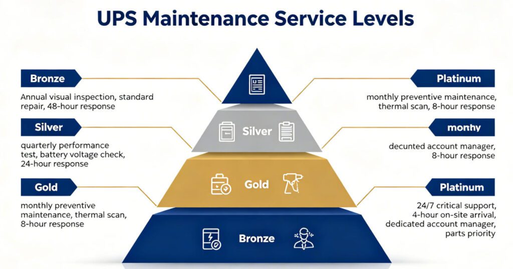 BKPOWER UPS maintenance service contract tiers: Basic, Standard, Advanced, Platinum service comparison