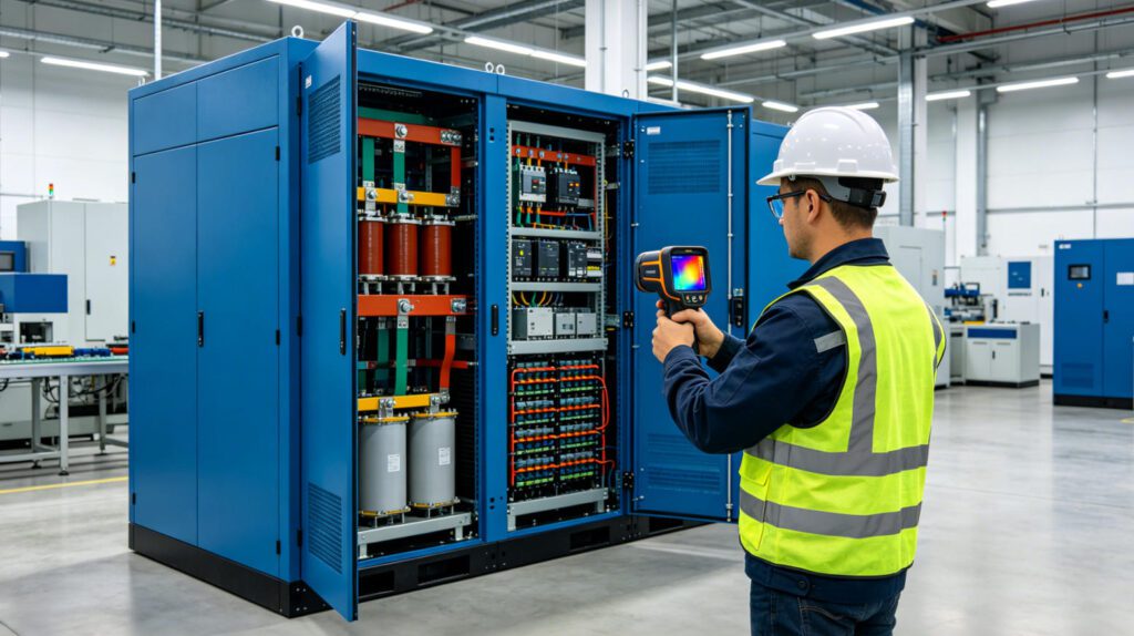 BKPOWER engineer performing line-frequency UPS preventative maintenance inspection at industrial site