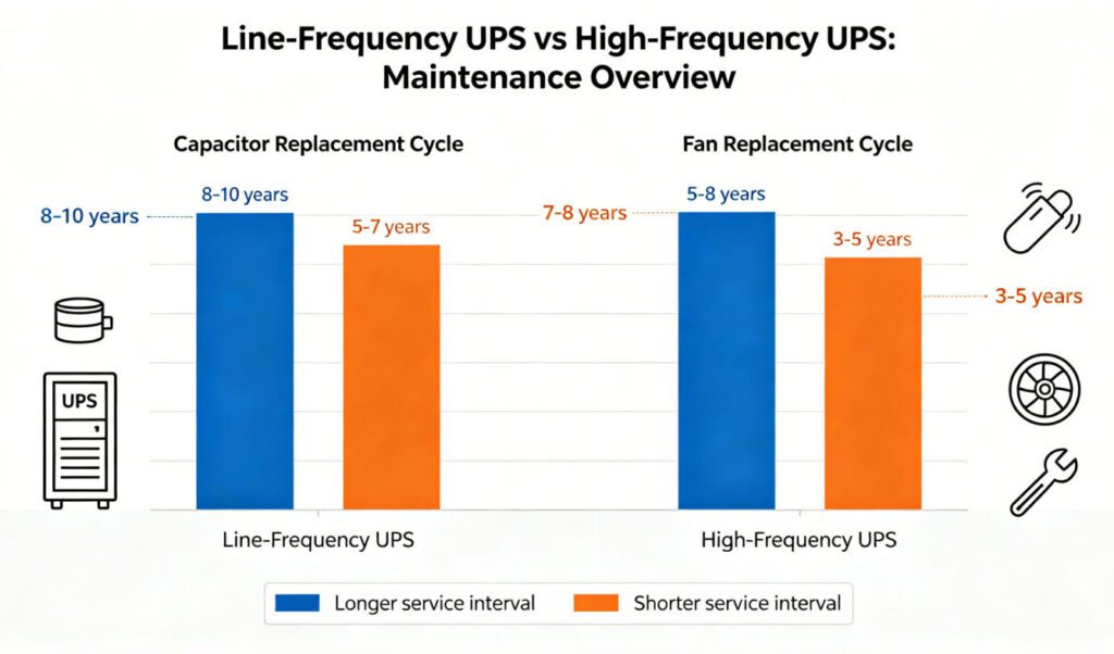 Line-frequency vs high-frequency UPS maintenance cycle comparison: capacitor and fan replacement cycle differences