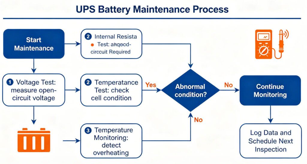 UPS battery maintenance process flowchart, showing voltage test, internal resistance test, temperature monitoring, and replacement decision tree, clean vector style, blue and orange color scheme, white background, technical diagram